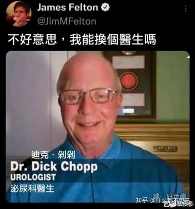 这是一张搞笑梗图，展示了一位名叫"迪克·剁剁"(Dr. Dick Chopp)的泌尿科医生。图片上方有文字"不好意思，我能换个医生吗"，表达了患者看到医生名字后的尴尬反应。医生的英文名字"Dick Chopp"具有双关意味，听起来非常不雅，尤其对于泌尿科医生这个职业来说，造成了幽默效果。