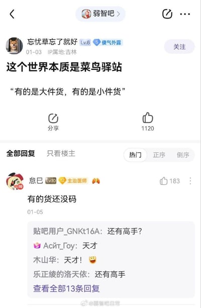 社交媒体平台“弱智吧”的帖子截图，用户“忘忧草忘了就好”发文称“这个世界本质是菜鸟驿站”，并配文“有的是大件货，有的是小件货”。下方热门回复中，用户“怠巳”评论“有的货还没码”，引发其他用户互动如“天才”“还有高手？”，整体充满网络调侃意味。