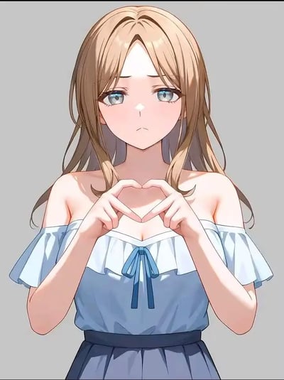 图中是一位金发蓝眼的动漫风格少女，她留着飘逸的长发，发丝自然垂落肩头。少女穿着露肩设计的蓝白相间上衣，胸前系着一个蓝色蝴蝶结，双手在胸前比出标准的心形手势。她的眼神略带忧郁，脸颊泛着淡淡的红晕，表情中透露出一丝害羞与温柔，背景为纯灰色，简洁干净，突出人物主体形象。