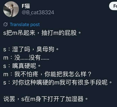 这是一段以SM（施虐与受虐）设定为背景的网络冷笑话段子，模拟S和M的对话场景制造笑点：
S将M吊起抽打屁股，询问M是否湿了，M嘴硬否认并表示不怕疼，S称有手段对付嘴硬的M，最后反转是打开M身下的加湿器。

双关梗说明：这里的“湿”是双关含义，既指M身体的湿润，又指加湿器产生的水汽，用无厘头的日常物品打破SM场景的常规预期，制造冷幽默效果。