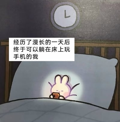 这是一张充满生活共鸣的卡通静态梗图，画面背景是夜晚的卧室，墙上的时钟显示时间为九点，一只软萌的卡通小兔子窝在被窝里，被手机屏幕的光亮照亮，正专注地看着手机。上方配文“经历了漫长的一天后终于可以躺在床上玩手机的我”，精准地描绘出当代人尤其是打工人在忙碌了一整天后，终于能躺在床上享受私人放松时光的满足状态，传递出疲惫生活里的小确幸，很容易引发大众的日常共鸣。