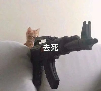 这是一张静态搞笑表情包，采用视觉错位的创意手法拍摄：一只橘色小猫躲在浅色沙发的后方，仅露出头部，沙发前摆放着一把黑色玩具枪，通过物品的位置搭配，让小猫看起来像是手持这把枪。枪身位置叠加了白色的“去死”文字，小猫露出的眼神严肃，略带凶狠，结合文字和错位的持枪画面，形成强烈的反差萌——用可爱的宠物形象搭配凶狠的文字，将愤怒、不满的情绪以戏谑、搞笑的方式呈现，适合在日常聊天中用来表达吐槽、发泄情绪的场景。