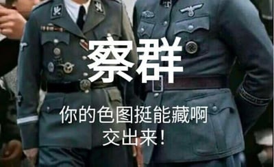这是一张旧图再创作的P图改编文字加注梗图，以二战时期德军军官的历史照片作为底图，在图中添加了白色文字内容。顶部的“察群”是“查群”的谐音梗，下方配文“你的色图挺能藏啊 交出来！”，模拟了网络社群中，成员之间调侃对方藏不良图片的场景，整体是用于社交互动的趣味玩笑内容，仅为网络娱乐创作。