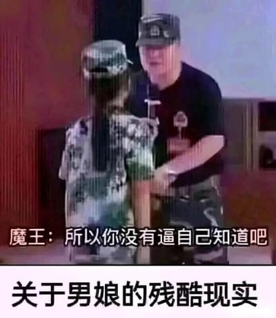 这是一张网友二次创作的搞笑梗图，画面主体是截取的军训场景：一位被标注为“魔王”的教官，穿着黑色上衣与军帽，表情严肃地对着一位背对着镜头、穿着迷彩服、外形看起来像女生的人说话，配文“所以你没有逼自己知道吧”；图片下方配有大字号文字“关于男娘的残酷现实”。该梗图利用“逼自己”的谐音双关，制造反差感，调侃外形偏向女性化的男性（即“男娘”）没有真正的女性生理特征，通过军训训导的场景来赋予对话新的含义，达到搞笑吐槽的效果。