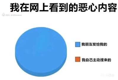 这是一张3D饼图形式的搞笑梗图，标题为「我在网上看到的恶心内容」，右侧设置了两个图例选项：「我朋友发给我的」（蓝色）和「我自己主动搜来的」（橙色），但饼图仅呈现100%的蓝色部分，没有橙色区域。用夸张的方式调侃自己在网上接触到的恶心内容全部来自朋友的分享，自己并不会主动去搜索这类内容，以幽默的语气吐槽朋友的“奇怪分享”行为。