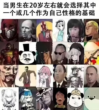 这是一张幽默风格的图文混排梗图，上方配有文字“当男生在20岁左右就会选择其中一个或几个作为自己性格的基础”，下方是由多张不同人物头像组成的网格拼图，包含动漫角色、网络表情包人物、真人形象等，通过夸张对比调侃男性在青年时期可能受到各类文化形象影响形成个人性格特质的现象。