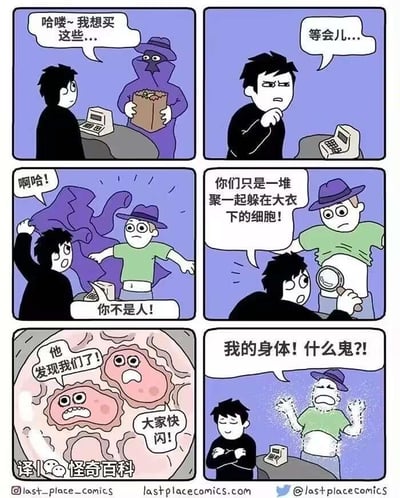 这是一组六格连环漫画，讲述了一个荒诞又搞笑的故事：一位穿着紫色大衣、戴着帽子的神秘顾客来到商店，对店员说“哈喽~我想买这些...”。店员心生疑惑，皱眉道“等会儿...”。随后店员突然扯下对方的大衣，发现里面竟是个穿着绿色T恤的小个子，震惊地大喊“啊哈！你不是人！”。小个子叉腰反驳“你们只是一堆聚在一起躲在大衣下的细胞！”，店员则拿起放大镜对着他的肚子仔细观察。画面切换到细胞视角，两个惊慌的粉色细胞惊呼“他发现我们了！大家快闪！”。最后店员抱着头崩溃大喊“我的身体！什么鬼？？”，满脸困惑。漫画通过将细胞拟人化并赋予人类行为，制造出充满反差萌的搞笑效果。