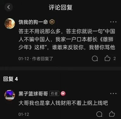 这是一张竖屏格式的社交媒体评论回复截图，展示了一段围绕动画电影《雄狮少年》展开的对话。用户“饶我的狗一命”在评论中向答主提议，只要答主说出“中国人不骗中国人，我家一户口本都长《雄狮少年》这样”这句话，就没人能够反驳，还表示会帮答主斥责反驳的人；而标注为作者的用户“黑子篮球哥哥”则回复称自己是受雇佣发表相关言论，让对方不必上纲上线。对话的时间标注为01-12，界面是典型的社交平台评论回复界面。