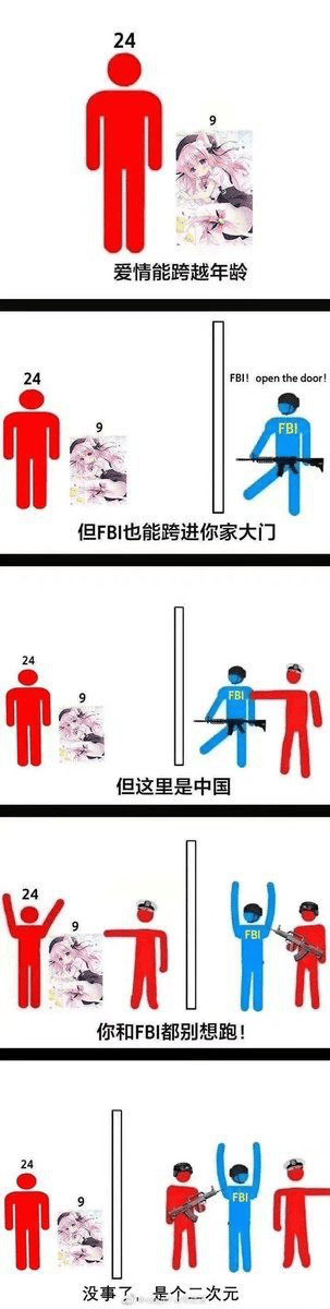 本梗图用简笔画角色和漫画形象表现年龄差恋爱被FBI上门逮捕的网络热梗。画面通过分镜搞笑形式串联，主角是一名24岁的男性和一位9岁的动漫（虚构）少女，先说“爱情能跨越年龄”，被FBI以未成年人为由破门逮捕，但随后因情景设定在中国，FBI和主角一起被中国警察看管。最后自嘲“是个二次元”，以化解尴尬，幽默反映了二次元圈常见的梗。双关：FBI警告、二次元和执法权、现实与虚拟冲突，自黑意味强烈。