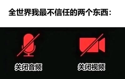 这是一张顶配底文的静态梗图，上方以黑色醒目字体写着“全世界我最不信任的两个东西：”，下方左右两侧分别展示了线上会议软件中常见的“关闭音频”（带斜杠的红色麦克风图标）和“关闭视频”（带斜杠的红色摄像机图标）功能标识，并配有对应文字。该图以幽默吐槽的方式，精准击中了远程办公、线上会议场景中，许多人都经历过的“点击关闭音频/视频后，实际并未成功关闭，引发社死尴尬”的共同体验，通过夸张的表述放大了这种小糟心事的共鸣感，属于职场类吐槽梗图。