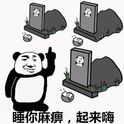 图片中展示了一个经典的熊猫头表情包角色，它正得意地用手指向上指。背景中有三个墓碑，每个墓碑上都有相同的熊猫头形象，墓碑前放着祭品。图片底部有文字"睡你麻痹，起来嗨"，表达了一种幽默地叫醒别人、鼓励对方不要继续睡觉而是起来玩乐的情绪。