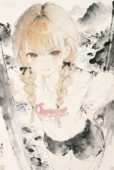 画面中是一位金发双马尾的动漫少女，她有着琥珀色的温柔眼眸和白皙的肌肤，嘴角带着浅浅的微笑。少女穿着印有粉色"Summer"字样的白色T恤和黑色短裤，正倚靠在木质栏杆上。背景采用中国传统水墨画风格，远山含黛，水流潺潺，云雾缭绕，展现出宁静悠远的意境。现代动漫人物与传统水墨山水的结合，营造出独特的视觉美感。