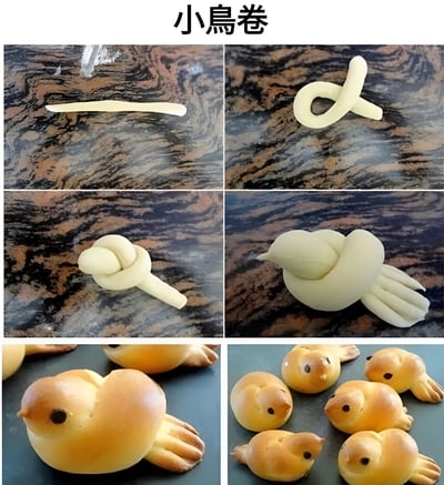 图片为六宫格教程图，展示了小鳥卷（鸟形面包）的制作全过程。从面团切割成条、塑形为数字'8'状，到逐步捏出鸟头、身体和翅膀，最终烘烤成金黄色的可爱小鸟造型面包，成品排列整齐，眼睛用深色点缀，形象生动。顶部文字标注为'小鳥卷'，清晰指示主题。