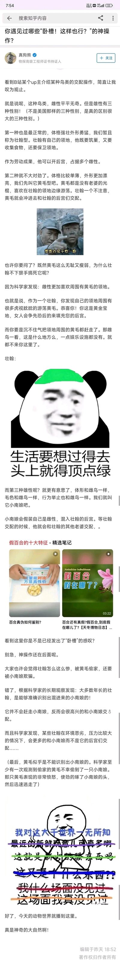 这是一张知乎回答的超长竖屏截图，用户“真狗熊”在问题“你遇见过哪些‘卧槽！这样也行？’的神操作？”下分享了B站up主介绍的一种拥有三种雄性的鸟类的奇特繁殖行为：第一种壮翰型雄性体格强壮，拥有自己的领地和后宫；第二种黄毛型雄性体格单薄，靠潜入壮翰领地与雌鸟偷情繁殖，且雌鸟更青睐有黄毛的领地，壮翰因此无法驱赶黄毛；第三种小南娘型雄性外形行为完全模仿雌鸟，混入壮翰后宫与雌鸟交配，而年长的壮翰能识别出它，甚至会主动与它交配，环境恶劣时这种行为更频繁，最后还提到黄毛误与小南娘交配后愤怒离开的趣事。回答中插入了《亮剑》“想想办法干他一炮”的梗图、“生活要想过得去头上就得顶点绿”的熊猫头梗图，以及最后一张满是吐槽涂鸦的图，用幽默的网络梗调侃这种鸟类的奇特繁殖策略，将严肃的科普内容变得搞笑有趣，引发读者的惊叹与笑点。