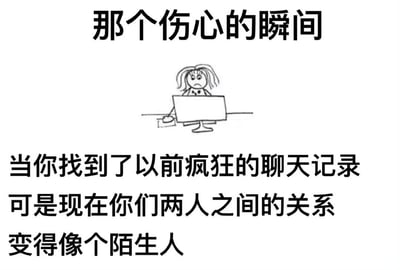 这是一张表达情感共鸣的图文类梗图，上方文字为“那个伤心的瞬间”，中间是一个简笔画风格的人物形象，有着凌乱的头发和悲伤的表情，正坐在一台笔记本电脑前。下方文字描述了具体情境：“当你找到了以前疯狂的聊天记录 可是现在你们两人之间的关系 变得像个陌生人”。整幅图通过简单的线条和文字，生动描绘了人们偶然发现过去亲密聊天记录，对比现在关系疏远时的伤感体验。
