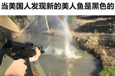 图片上方有文字'当美国人发现新的美人鱼是黑色的'，下方是一个人手持步枪向水中射击，水面溅起水花并形成一道彩虹。这张图片通过幽默夸张的方式，暗示了部分美国人对迪士尼真人版《小美人鱼》中黑人女演员饰演爱丽儿这一选角的过度反应和争议态度。