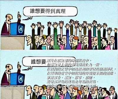这是一幅上下分栏的连环卡通漫画，通过强烈的反差传递讽刺意味。上半部分，一位西装革履的演讲者站在讲台后，向台下听众发问“谁想要得到真理”，所有听众都高高举起手，表现出对“真理”这一美好概念的热切向往；下半部分，演讲者用一大段充满抽象哲学意味、描述追求真理过程的艰难与真理本质的晦涩文字，详细拆解了“得到真理”背后要经历的混沌、挣扎与虚无，此时台下的听众纷纷放下举起的手，面露茫然或退缩的神情，不再有人愿意响应。漫画用这种对比，讽刺了人们对诸如“真理”这类宏大美好的概念往往只停留在表面的向往，当真正了解到其背后的艰难与沉重时，就会心生畏惧、选择退缩。