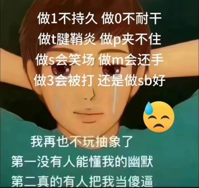 图片中是一个动漫人物，表情悲伤，双手抱头，脸上有泪珠。图片上叠加了大量网络用语和自嘲文字："做1不持久 做0不耐干 做t腱鞘炎 做p夹不住 做s会笑场 做m会还手 做3会被打 还是做sb好 我再也不玩抽象了 第一没有人能懂我的幽默 第二真的有人把我当傻逼"。这些文字使用了网络流行语和特定圈子的术语，表达了一种自嘲和无奈的情绪。