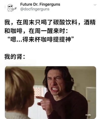 这是一张社交媒体梗图，上方是Twitter用户Future Dr. Fingerguns的帖子，描述自己周末只喝了碳酸饮料、酒精和咖啡，周一醒来却依然想喝咖啡提神。下方配图是演员亚当·德赖弗愤怒地指着他人的截图，配文"我的肾："，用幽默的方式表现肾脏对主人不健康饮食习惯的不满和抗议。