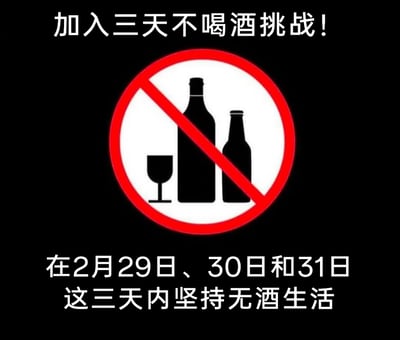 这是一张带有幽默性质的趣味梗图，整体采用黑底白字搭配中间的禁止饮酒标识的布局。顶部用醒目的文字发出“加入三天不喝酒挑战！”的号召；中间是国际通用的禁止饮酒标识，标识内部包含酒杯、大酒瓶、小酒瓶的黑色剪影，被红色的圆形加斜杠的禁止符号覆盖；底部文字明确挑战要求为“在2月29日、30日和31日这三天内坚持无酒生活”。这张图利用公历2月的日期常识制造笑点：公历2月最多只有29天，且仅闰年才有2月29日，2月30日、31日是不存在的日期，因此这个“三天不喝酒挑战”实际上是一个不需要刻意坚持就能“完成”的玩笑，用这种方式调侃戒酒类挑战，传递轻松搞笑的氛围。