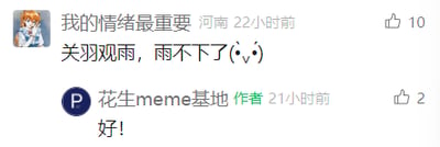 这是一张社交媒体评论区的截图，来自河南的用户“我的情绪最重要”发布了一条趣味玩梗内容：“关羽观雨，雨不下了(◍•̅ ȷ̫ •̅◍)”，该评论获得了10个点赞；内容的发布者“花生meme基地”（被标注为作者）对这条评论回复了“好！”，该回复获得2个点赞。其中“关羽观雨”是谐音梗，谐音“关于观雨”，搭配“雨不下了”形成无厘头的趣味效果，整体呈现了简单轻松的社交媒体用户与作者的互动场景。