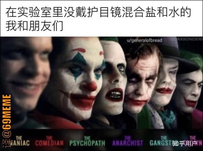 这张梗图用调侃和分角色的方式来讽刺在实验室里进行盐和水混合实验时，不按照安全规范佩戴护目镜的同学。图片下方以分类方式给这些同学贴上了“疯子”、“小丑”、“神经病”、“无政府主义者”、“黑帮分子”等英文标签，强调其行为的荒诞与不负责任。整体氛围带有黑色幽默色彩，适合用来在学习或科研相关的社交圈吐槽实验时无视安全规则的现象。