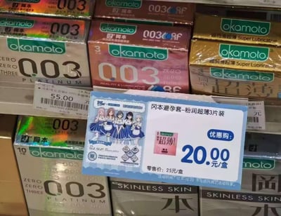 这是一张超市计生用品售卖区的实拍图，货架上整齐摆放着多款冈本（okamoto）避孕套产品，包括003白金超薄系列、超润滑超薄系列等，其中一款冈本粉润超薄3片装的促销牌格外醒目：促销牌上印有四位身着女仆装的二次元少女角色，标注该产品优惠价20元/盒（原价25元/盒），活动时间为12.9-12.22，且不与店内其他活动同享。旁边的003白金超薄款售价为55元。品牌将成人用品与二次元动漫元素结合做促销，形成了强烈的风格反差，以此吸引年轻消费群体。