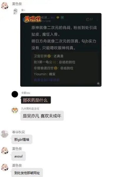 这是一张社交媒体聊天记录截图，展示了多位用户之间的对话内容。对话中提到了原神、明日方舟等游戏/二次元相关内容，并将其与公众人物进行比较。随后讨论转向了一些低俗话题和不当表述，包含对公众人物的恶意调侃以及粗俗语言。