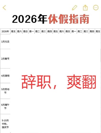 一张模仿2026年休假指南的搞笑图片，上方以表格形式列出2026年主要假期，包括1月元旦、2月春节、4月清明、5月劳动节、6月端午节及9-10月中秋国庆等。表格中间用醒目红色大号字体标注“辞职，爽翻”，通过正经假期指南与夸张辞职建议的反差，幽默调侃职场压力，表达“辞职比放假更解压”的戏谑情绪。