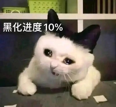 这是一张经过P图修改的搞笑表情包，主体是一只黑白花色的真实猫咪，被换上了人类委屈哭泣的脸，猫咪趴在桌面上，眼睛含泪，表情巴巴的十分委屈。图片左上角配有文字“黑化进度10%”，用这种反差感来表现刚开始产生“黑化”情绪时，还带着脆弱委屈的状态，用来调侃自己的小情绪变化，充满搞笑的反差萌效果，没有双关、谐音梗等特殊内容。