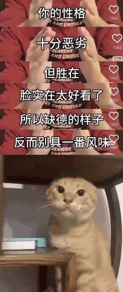 这是一张竖屏的多图拼接梗图，上半部分是抖音风格的视频截图，画面中有人双手做出类似鼓掌的动作，搭配一段递进式的吐槽配文：“你的性格十分恶劣，但胜在脸实在太好看了，所以缺德的样子反而别具一番风味”；下半部分是一只圆眼睛的橘色折耳猫，它趴在柜子里，抬头看向上方，表情无辜又懵懂，仿佛是被这段描述精准命中的当事人，用文字和画面的反差感制造出宠溺又搞笑的效果，图中没有双关、谐音梗或暗示内容。