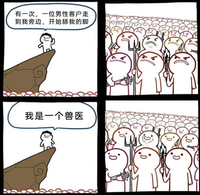 这是一幅四格连环卡通漫画，采用剧场式构图。第一格是一个卡通人站在高台上，平静讲述自己的经历：“有一次，一位男性客户走到我旁边，开始舔我的脚”；第二格是下方的人群手持武器，表情愤怒，呈现出不满的状态；第三格是高台的卡通人说出反转点：“我是一个兽医”，解释了之前的场景里的“客户”其实是动物，舔脚是动物的行为；第四格是下方人群表情转为开心微笑，气氛从愤怒转为轻松。漫画通过反转梗制造笑点，利用人们的先入为主的误解来形成幽默效果，讲述了兽医职场里的乌龙趣事。
