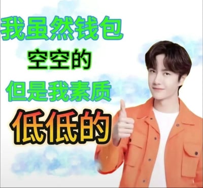 这是一张网友二次创作的玩梗表情包，图中人物是艺人王一博，他身着橙色外套内搭白色上衣，面带微笑并竖起右手大拇指，神态轻松得意。图中搭配的文字为“我虽然钱包空空的，但是我素质低低的”，打破了“经济拮据但保持高素养”的常规正向表述，用自黑式的反差话术制造出荒诞搞笑的效果，适合在日常社交聊天中用于自嘲、玩梗，传递摆烂式的情绪。