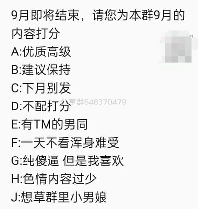 这是一张群内发起的9月内容打分图，开头写着「9月即将结束，请您为本群9月的内容打分」，随后列出了从正常到离谱的打分选项：A优质高级、B建议保持、C下月别发、D不配打分、E有TM的男同、F一天不看浑身难受、G纯傻逼 但是我喜欢、H色情内容过少、J想草群里小男娘。选项从常规打分逐渐过渡到放飞自我的玩梗内容，充满调侃意味，用于群内成员互动吐槽群内月度内容。