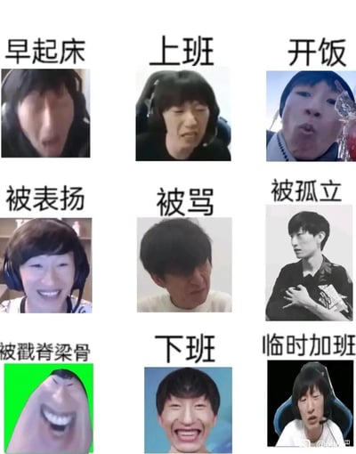 这是一张由前英雄联盟职业选手otto（侯国玉）的不同表情截图拼接而成的九宫格梗图，每一格对应打工人职场中的一个典型场景：<br>1. 早起床：痛苦扭曲的脸，表现起床的不情愿<br>2. 上班：满脸抗拒，展现对上班的抵触<br>3. 开饭：兴奋的表情，体现打工人干饭的快乐<br>4. 被表扬：开怀大笑，表现被认可的喜悦<br>5. 被骂：低落委屈的神态，还原挨批的沮丧<br>6. 被孤立：落寞的侧脸，展现被孤立的无助<br>7. 被戳脊梁骨：夸张的阴阳怪气笑容，表现背后被议论的复杂心情<br>8. 下班：狂喜的表情，体现下班的解脱感<br>9. 临时加班：生无可恋的神态，表现突发加班的崩溃<br>整张图精准贴合打工人的职场情绪变化，引发职场群体的强烈共鸣，兼具搞笑与写实感。