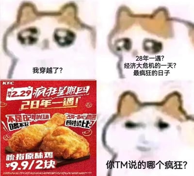 这是一张由网络meme表情与肯德基促销广告拼接而成的搞笑梗图，采用多图拼接、图文混排的形式呈现。图中共有三个“Mur猫（猫meme）”表情图和一个左下角的KFC促销广告：第一只猫配文“我穿越了？”，表现出疑惑；第二只猫配文“28年一遇？经济大危机的一天？最疯狂的日子”，呈现出惊讶且凝重的情绪，引导观众联想到“28年一遇的重大事件”；左下角的KFC广告宣传闰2月29日的“疯狂星期四”，标注“28年一遇”，推出吮指原味鸡9.9元2块的优惠；最后一只猫配文“你TM说的哪个疯狂？”，表现出愤怒无语的情绪，制造出强烈的反差笑点——前面的猫以为是“28年一遇的经济危机式疯狂”，结果实际是肯德基促销的“疯狂星期四”，利用歧义形成搞笑效果。