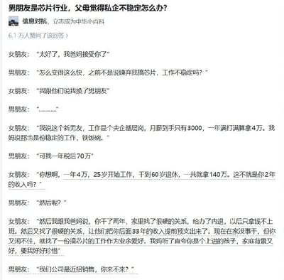这是一张网络问答社区的回答截图，针对「男朋友是芯片行业，父母觉得私企不稳定怎么办」的问题，答主创作了一段搞笑对话作为回应：女友并未向父母解释男友芯片行业收入高的实际情况，而是谎称自己换了一个月薪3千的央企基层岗男友，接着编造假话称这个「新男友」提前预支了33年的央企收入，现在做芯片只是闲不住发展的业余爱好，成功让父母觉得男友既家境好又上进，最后男友调侃女友逻辑清奇适合来自己公司做销售，段子讽刺了部分长辈过度追捧「铁饭碗」、忽视实际收入与行业价值的刻板观念。