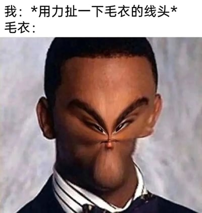 这是一张搞笑网络梗图，上方配文分为两部分，“我”的动作是用力扯一下毛衣的线头，“毛衣”对应的是下方经过P图修改的人像。图片将真人脸部处理成类似布料被拉扯聚拢的怪异形态，脸部中间像被扯住的织物一样向中心收拢，模拟出毛衣被扯了线头后，整个织物失控变形的状态，用拟人化的夸张方式，调侃日常生活中扯毛衣线头后，毛衣容易崩坏、一发不可收拾的尴尬又搞笑的小意外，通过荒诞的视觉效果放大这种日常场景的离谱感，引发共鸣和笑点。