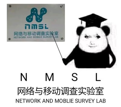 整张图为网络恶搞表情包，右侧是佩戴黑色博士帽的熊猫头表情包形象，表情戏谑带笑，右手持指示棒指向左上方的金属质感实验室标牌，标牌印有蓝色N形网络风格logo、缩写“nmsl”及中英文全称“网络与移动调查实验室 NETWORK AND MOBILE SURVEY LAB”，图片下方也重复标注了该缩写和对应的中英文全称，通过缩写的谐音效果制造玩梗趣味。