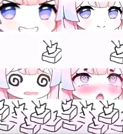 这是一张四格拼接的卡通趣味梗图，以《小林家的龙女仆》中的角色康娜的不同表情，搭配下方的开关简笔画，呈现情绪的递进变化：
1. 第一格：康娜皱起嘴，露出愤怒烦躁的表情，下方对应一个被按下的开关；
2. 第二格：康娜露出温和的微笑，下方仍是单个开关；
3. 第三格：康娜眼睛变成螺旋状，呈现出眩晕的状态，下方的开关数量增多；
4. 第四格：康娜的眼睛变成爱心形状，脸颊泛红，张嘴露出害羞心动的表情，下方的开关数量进一步增加。
该图通过开关数量的递增，具象化表现情绪被多次触发后的变化，从最初的不悦到最终被密集触发而变得心动，是一种趣味化的情绪表达，无谐音、双关等特殊梗。