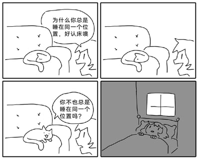 这是一则由四格画面组成的黑白卡通漫画，讲述了主人与猫咪之间的趣味互动。第一格中，以剪影形象出现的主人看着蜷卧在凸起位置的猫咪，吐槽猫咪总是睡在同一个位置、很认床；第二格中猫咪没有回应，主人依旧注视着它；第三格中猫咪抬头张嘴，反问主人“你不也总是睡在同一个位置吗？”；第四格画面切换到真实场景，主人躺在床上，表情惊讶，此时读者才明白前三格中猫咪睡的凸起位置其实是主人的肚子，主人的固定位置就是这张床，猫咪的反问戳破了主人只看到他人却忽略自身的小细节，整个漫画通过反转的场景和幽默的对话，展现了宠物与主人日常相处的趣味瞬间。