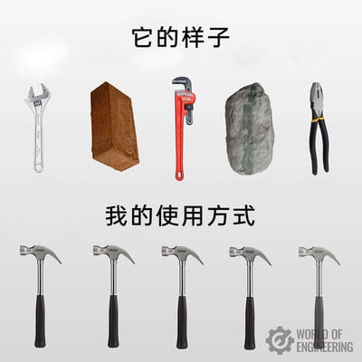 这是一张上下结构的搞笑梗图，上方标题为“它的样子”，展示了五件不同的物品，从左到右依次是活扳手、红砖、红色管钳、石块、老虎钳，这些物品原本都有各自的专属用途；下方标题为“我的使用方式”，对应上方的五个物品位置，全部替换成了羊角锤，用夸张、戏谑的方式表达“不管是什么工具或物品，都用锤子的方式来使用”的搞笑内涵，调侃了一种无视物品原本功能，一概用单一、粗暴方式处理的行为，常见于工程相关的趣味调侃内容中。