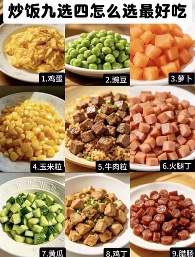 这是一张九宫格形式的美食互动图，顶部配有醒目的大字标题“炒饭九选四怎么选最好吃”，九个格子分别单独展示了9种可用于搭配炒饭的常见食材，按从左到右从上到下的顺序分别为：炒鸡蛋、豌豆、胡萝卜丁、甜玉米粒、牛肉粒、火腿丁、黄瓜丁、鸡丁、腊肠丁，以提问的形式引导观看者从9种食材里选出四种来搭配出口味最好的炒饭，整体清晰直观，互动性强。