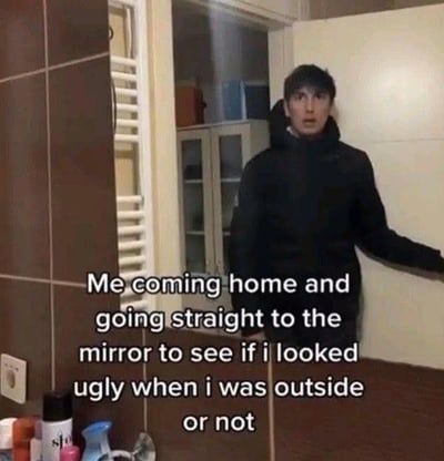 一个穿着黑色外套的男子站在门口，正惊讶地看着镜子。图片配文："Me coming home and going straight to the mirror to see if i looked ugly when i was outside or not"（我回家后直接冲到镜子前，想看看自己在外面的时候是不是很丑）。这张图幽默地表现了很多人回家后急于确认自己在外形象的真实心理。
