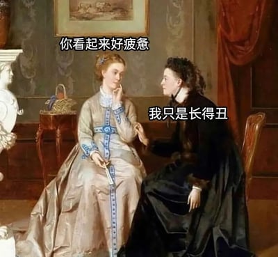 这是一张改编自古典油画的搞笑梗图，画面中有两位穿着19世纪服饰的女性在房间内对话。左侧穿着浅色长裙的女性关切地对右侧穿着深色服饰的女性说："你看起来好疲惫"，而右侧女性则无奈回应："我只是长得丑"。这种现代网络流行的自嘲式幽默与古典油画的庄重氛围形成强烈反差，产生喜剧效果。