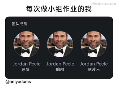 这张梗图用幽默的方式展示了做小组作业时一个人承担所有任务的无奈和吐槽。图中把导演、编剧、制片人三个角色全部显示成同一个人Jordan Peele，表示在组队任务中自己成了“全能战士”，全部分工都自己完成，十分有代入感，反映了学生或职场人在合作任务中的常见困扰。

图中角色名字与职务重复，形成幽默效果，并有网络流行的自嘲意味。