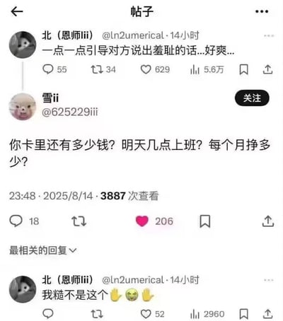 这是一张社交媒体帖子截图，展示了一个有趣的对话线程。用户"北 (恩师lii)"发表了一条动态说"一点一点引导对方说出羞耻的话...好爽..."，另一位用户"雪ii"则回复了一系列涉及隐私的问题："你卡里还有多少钱? 明天几点上班? 每个月挣多少?"。原作者随后回应："我糙不是这个 🙏🤦‍♂️🙏"，表达了对回复的无奈和误解。整个对话充满了幽默和意外的转折。