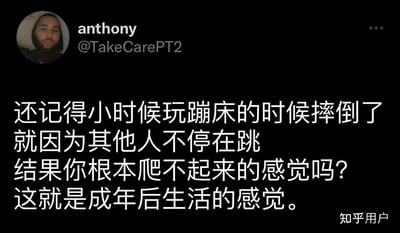 这张图用童年时蹦床被别人影响导致无法自理、怎么也站不起来的体验，类比成年后面对生活压力时的无力感和自我调侃。语气幽默丧气，适合引发成年人的共鸣。