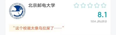 这是一张虎扑社区的网页UI截图，页面展示了北京邮电大学的用户评分内容。页面左侧是蓝白配色的北京邮电大学校徽，上方是学校名称；右侧是未填充的五星评分栏和最终得分8.1分，下方标注有1554位JRs参与评分。页面底部有一条用户评论，调侃北京邮电大学的校徽造型看起来像鸟拉屎，是从视觉造型出发的趣味吐槽，没有双关或谐音梗。