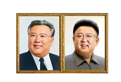 这是一张左右排列的多图拼接带边框静态图，展示了两位戴眼镜的中老年男性的肖像。左侧男性身着深色西装、白色衬衫搭配深色领带，面带温和微笑；右侧男性身着灰色上衣，同样面带笑容，两幅肖像均配有精致的金色雕花边框，构图清晰正式。